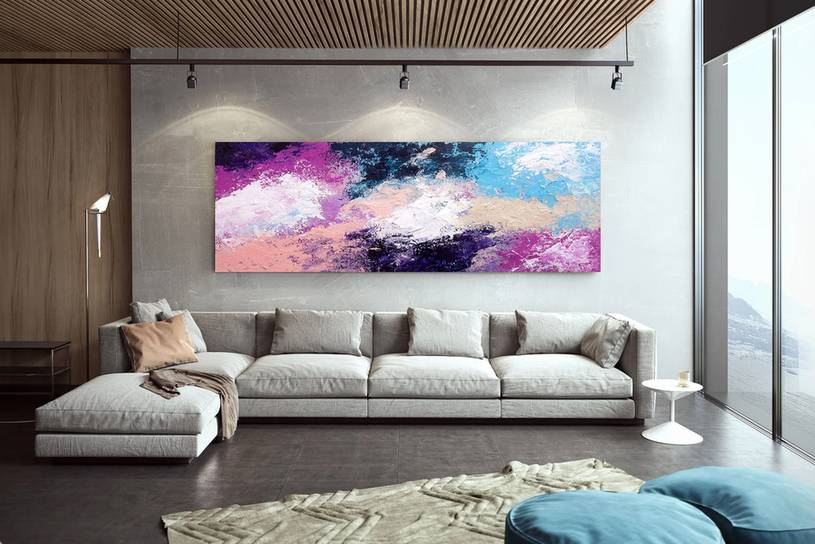 Blue Hand-Painted Oversized giant wall art for motel hallway